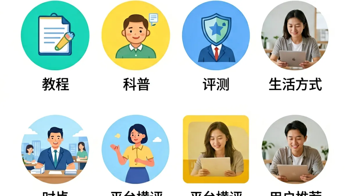 爱搞视频内容分类示意图，八个垂类用不同色块标注，包括教程、科普、评测等类型