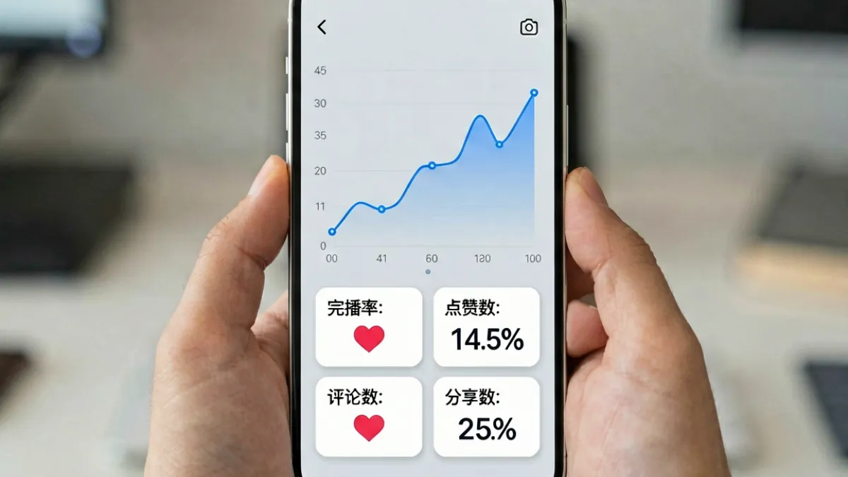 爱搞视频创作者数据后台展示完播率、点赞数、评论数等核心指标的界面示意图