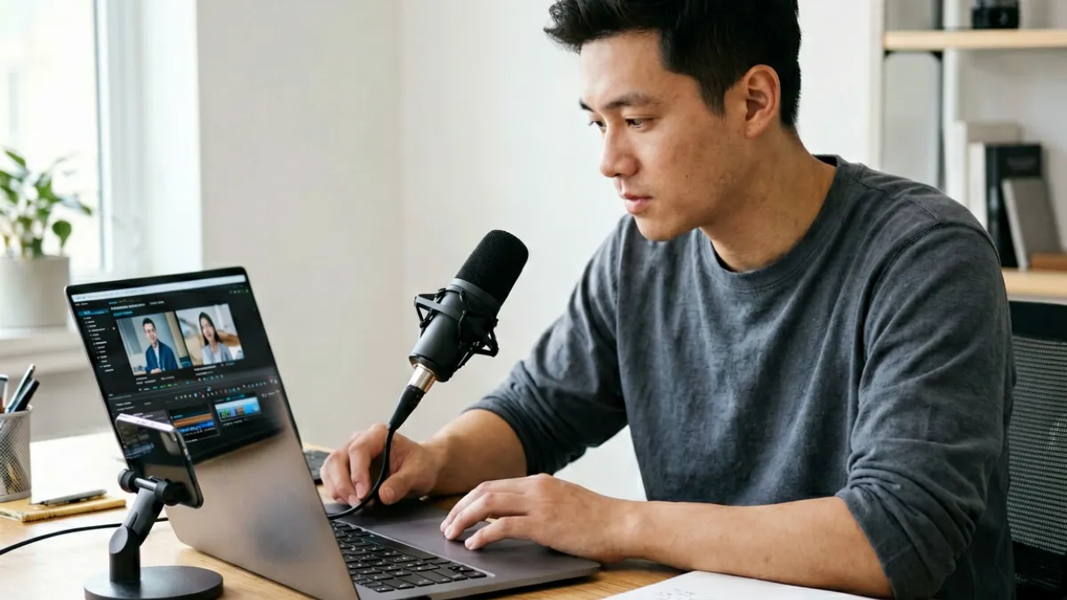 爱搞视频入门指南配图，新手创作者面对桌面上的拍摄设备和剪辑软件界面，认真学习视频制作流程